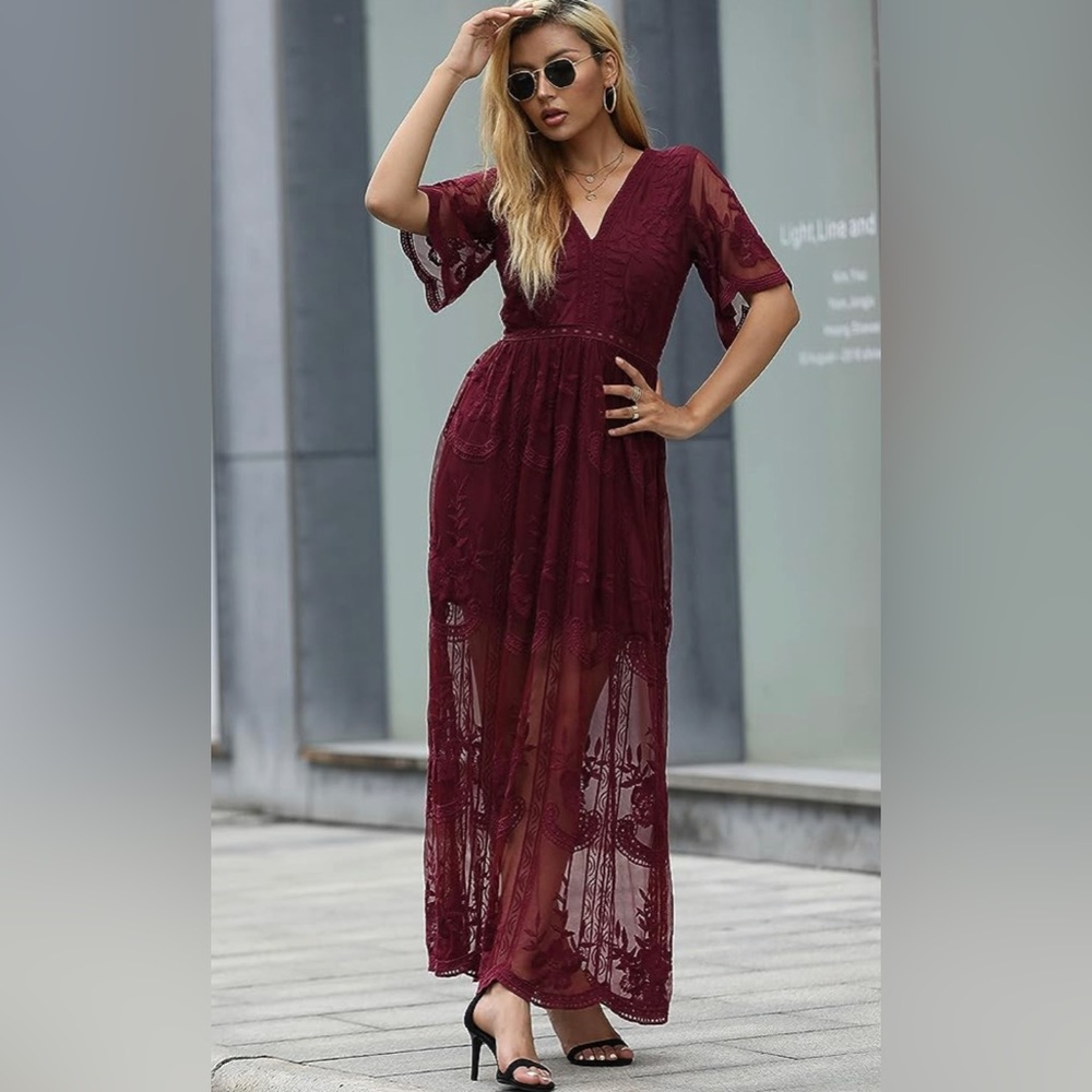 Boho Sodress burgundy Maroon Deep V Neck Short Sleeve Lace Maxi Dress Red S